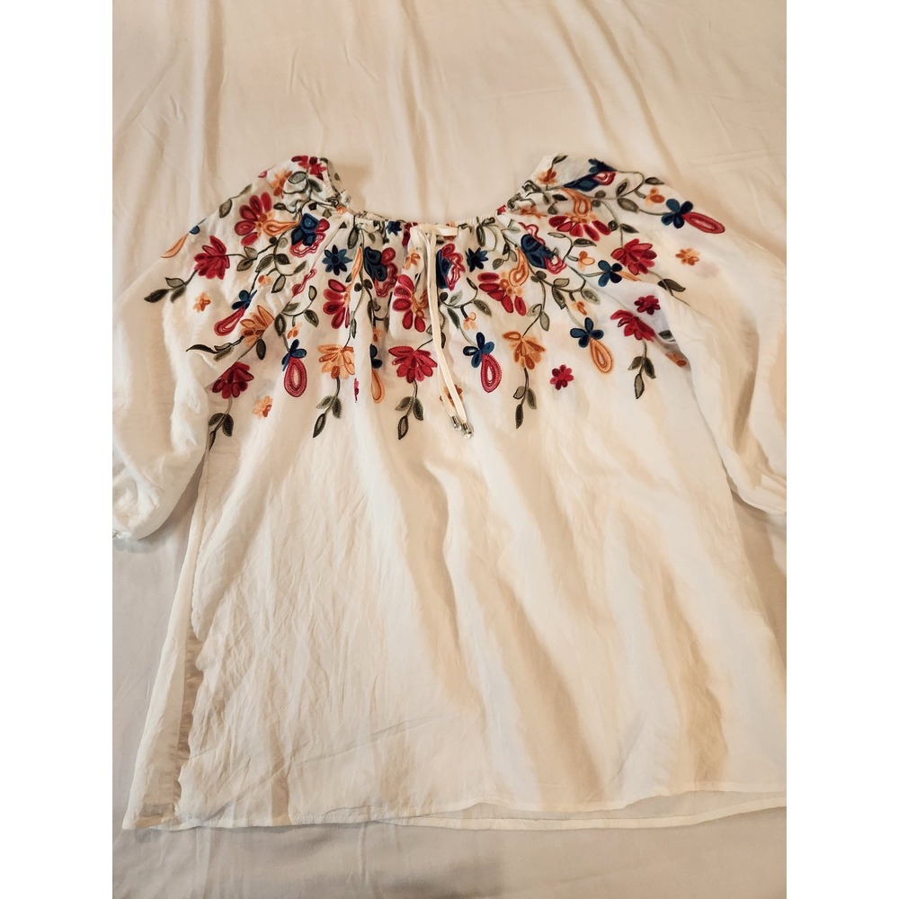 Kindred Womens 2X White Floral Embroidered Sheer Peasant Blouse Balloon Sleeve - Picture 7 of 12